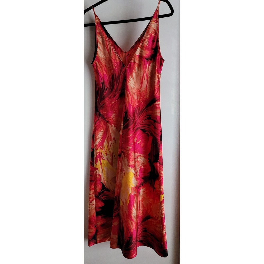 Sensara‎ Women's Size M Pink Orange Abstract Floral Satin Slip Maxi Dress Y2K